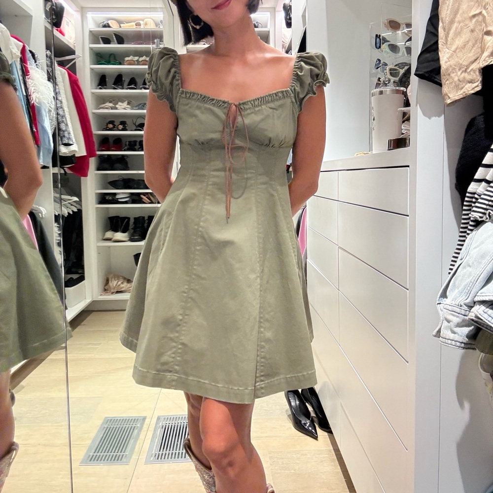 Olive Green Puff Sleeve Mini Dress Corset Style - Picture 1 of 6